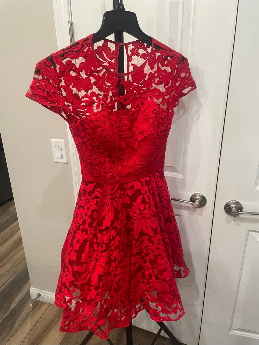 Ted Baker London Red Floral Lace Fit-and-Flare Midi Dress